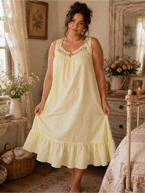 KATZ  Vintage Butter Yellow Floral Embroidered CottageCore Nightgown Size L